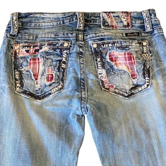 Miss Me Signature Bootcut Jeans Distressed Patchwork-Plaid Pocket Sz 32 #178H - Picture 4 of 14